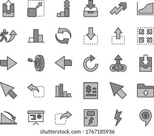 Thin line gray tint vector icon set - right direction vector, left, growth up, renewal, clockwise, bar chart, upload archive data, download, folder, lightning, dangers, put in a box, expand picture