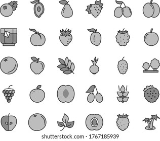 Juego de iconos vectoriales de tintes grises de línea delgada - vector de remolacha, un vaso de té, arándanos, fresas, naranja, menta, melocotón maduro, manzana, medio albaricoque, uva ramificada, grande, pera, rojo, sabroso, fresa, mango