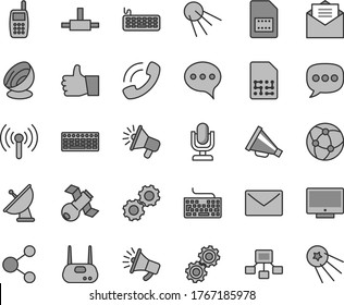 Thin line gray tint vector icon set - desktop microphone vector, keyboard, horn, envelope, received letter, speech, thumb up, screen, artificial satellite, SIM card, connection, hierarchical scheme