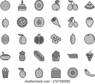 Thin line gray tint vector icon set - pizza vector, Hot Dog, piece of cake, slice, birthday, a bowl rice porridge, grill chicken leg, fried potato slices, popcorn, cup, strawberry, peach, quince