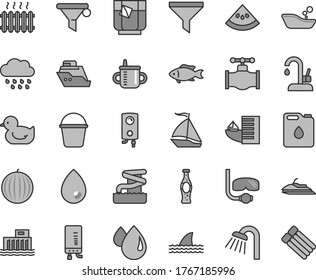 Thin line gray tint vector icon set - mug for feeding vector, baby duckling, children's bathroom, rainy cloud, bucket, shower, kitchen faucet, boiler, electronic, drop, fish, a glass of tea, slice
