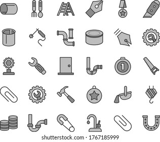 Thin line gray tint vector icon set - clip vector, safety pin, iron fork spoons, hook, hand saw, ladder, siphon, sewerage, ntrance door, gear, star, knife, kitchen faucet, hammer with claw, pipe