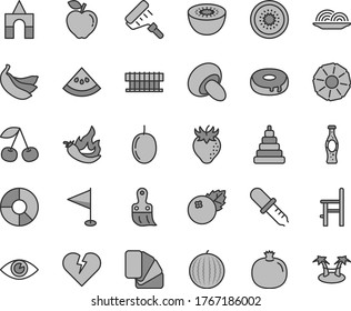 Thin line gray tint vector icon set - pennant vector, stacking toy, a chair for feeding, box of bricks, paint roller, sample colour, plastic brush, broken heart, eye, onion, porcini, cake with hole