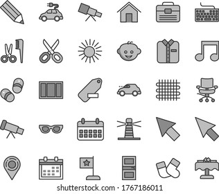 Thin line gray tint vector icon set - scissors vector, calendar, keyboard, remove label, accessories for a hairstyle, warm socks, children's hairdo, child shoes, window frame, portfolio, home, retro