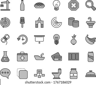 Thin line gray tint vector icon set - incandescent lamp vector, mark of injury, first aid kit, children's bathroom, box bricks, window frame, washbasin, comfortable toilet, hawser, speech, coins