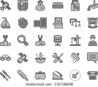 Thin line gray tint vector icon set - image of thought vector, cradle, toys over the cot, mercury thermometer, motor vehicle, builder, small tools, city block, brick, spatula, left bottom arrow