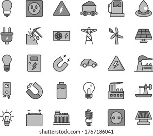 Thin line gray tint vector icon set - danger of electricity vector, incandescent lamp, bulb, dangers, boiler, charge level, solar panel, oil derrick, coal mining, gas station, wind energy, factory