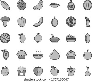 Thin line gray tint vector icon set - slices of onion vector, mushroom, cake, muffin, a bowl buckwheat porridge, hot, lettuce in plate, cucumber, peper, French fries, strawberries, red apple, tasty