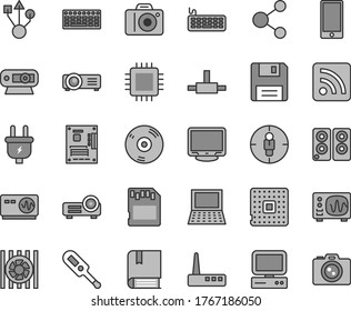 Thin line gray tint vector icon set - camera vector, rss feed, electronic thermometer e, smartphone, plug, processor, connection, goal woman, computer, notebook pc, radiator fan, keyboard, cpu, web