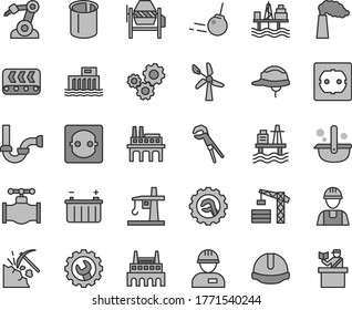 Thin line gray tint vector icon set - tower crane vector, builder, workman, concrete mixer, adjustable wrench, sewerage, power socket type f, construction helmet, gear, star, core, sea port, valve
