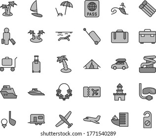 Thin line gray tint vector icon set - suitcase vector, passport, sand castle, plane, car baggage, camper, passenger, rolling, ticket, case, hotel, tent, beach, arnchair under umbrella, palm tree