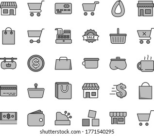 Thin line gray tint vector icon set - paper bag vector, grocery basket, bank card, dollar, children's potty, cubes for children, cart, crossed, with handles, kiosk, stick of sausage, cup tea, stall