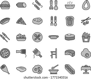 Thin line gray tint vector icon set - plates and spoons vector, a chair for feeding, plastic fork, iron, sausage, stick of, cheese, pizza, piece, Hot Dog, mini, burger, spaghetti, noodles, porridge
