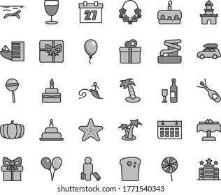 Thin line gray tint vector icon set - daily calendar vector, colored air balloons, balloon, birthday cake, gift, Easter, torte, Chupa Chups, lollipop, glass, pumpkin, wall, giftbox, sand castle