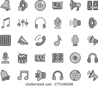 Thin line gray tint vector icon set - bell vector, desktop microphone, horn, loudspeaker, silent mode, drum, headphones, music, CD, regulator, volume, no sound, phone call, megaphone, pc card, note