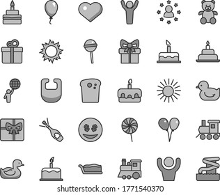 Thin line gray tint vector icon set - heart symbol vector, bib, rubber duck, baby duckling, teddy bear, toy train, children's, colored air balloons, balloon, cake, birthday, gift, Easter, slice, sun