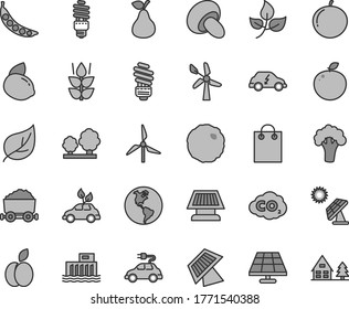 Thin line gray tint vector icon set - saving light bulb vector, porcini, cabbage, apple, pear, mint, tangerine, yellow lemon, delicious, peas, broccoli, solar panel, big, leaves, leaf, windmill, bag