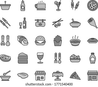 Thin line gray tint vector icon set - plates and spoons vector, plastic fork, iron, coffee, fried vegetables on sticks, pizza, piece of, big burger, cake, pie, a bowl rice porridge, in saucepan, pan