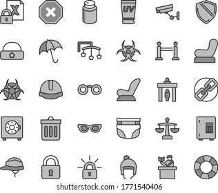 Thin line gray tint vector icon set - mark of injury vector, spectacles, scales, toys over the cot, nappy, powder, Baby chair, car child seat, winter hat, warm, construction helmet, dust bin, lock