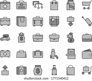 Thin line gray tint vector icon set - briefcase vector, paper bag, first aid kit, toys over the cot, of a paramedic, medical, portfolio, suitcase, case, with handles, package, glass tea, cart, money