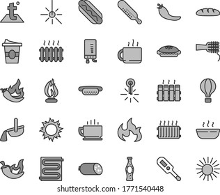 Thin line gray tint vector icon set - electronic thermometer vector e, mercury, heating coil, temperature, radiator, boiler, coffee, sausage, loaf, Hot Dog, mini, noodles, pie, porridge, chili, sun