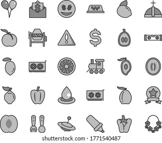 Thin line gray tint vector icon set - warning vector, plastic fork spoons, baby toy train, yule, colored air balloons, concrete mixer, building level, peper, ripe peach, quince, half of mango, melon