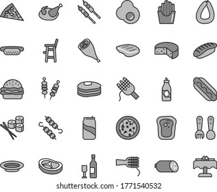 Thin line gray tint vector icon set - a chair for feeding child vector, plastic fork spoons, sausage, stick of, cheese, fried vegetables on sticks, pizza, piece, Hot Dog, mini, burger, spaghetti