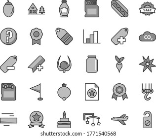 Thin line gray tint vector icon set - add bookmark vector, minus, label, remove, pennant, negative histogram, question, toys over the cot, winch hook, Hot Dog, birthday cake, bottle, medlar, radish