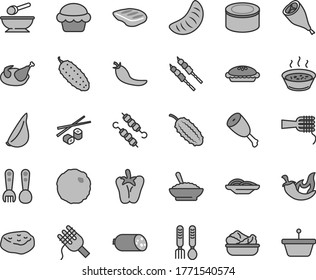 Thin line gray tint vector icon set - deep plate with a spoon vector, plastic fork spoons, iron, sausage, canned goods, slices of onion, spaghetti, noodles, cake, pie, bowl buckwheat porridge, thigh