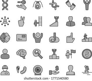 Thin line gray tint vector icon set - woman vector, women, children's tracks, workman, index finger, pass card, lens, man, dollar, get a wage, dna, brain, bactery, artifical insimination, hands up