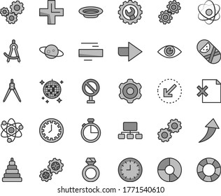 Thin line gray tint vector icon set - prohibition vector, clock face, right direction, plus, minus, stacking toy, tumbler, cogwheel, gear, left bottom arrow, eye, timer, delete page, plate, gears
