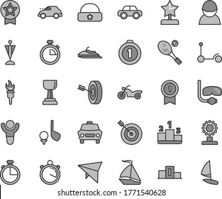 Thin line gray tint vector icon set - stopwatch vector, motor vehicle, Kick scooter, warm hat, timer, car, pedestal, racer, retro, flame torch, winner, cup, gold, star reward, pennant, target, with