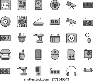 Thin line gray tint vector icon set - camera vector, keyboard, cordless drill, power socket type b, f, plummet, headphones, smartphone, lens, battery, plug, SIM, mobile phone, radiator fan, mouse