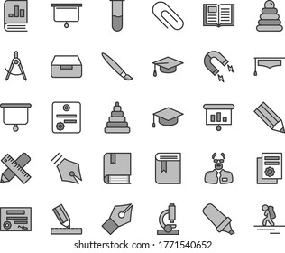 Thin line gray tint vector icon set - tassel vector, clip, book, stacking rings, toy, e, writing accessories, drawing, drawer, square academic hat, magnet, scribed compasses, pencil, on statistics