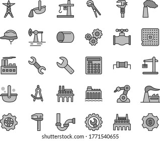 Thin line gray tint vector icon set - repair key vector, adjustable wrench, sewerage, helmet, gear, working oil derrick, valve, manufacture, factory, hydroelectricity, power line, enterprise, pipe