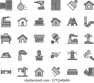 Thin Line Gray Tint Vector Icon Set - House Vector, Crane, Dwelling, Big Core, Building Trolley, Concrete Mixer, Window, Cordless Drill, Paint Roller, Ladder, Siphon, Level, City Block, Brick, Home