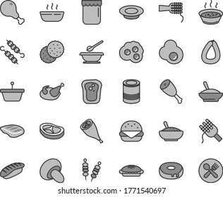 Thin line gray tint vector icon set - plates and spoons vector, stick of sausage, tin, fried vegetables on sticks, big burger, spaghetti, noodles, porcini, cake with a hole, pie, rice, in saucepan