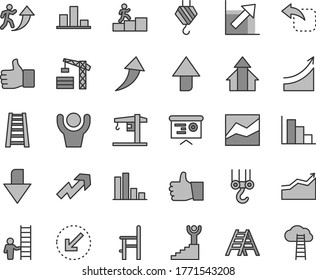 Thin line gray tint vector icon set - upward direction vector, downward, growth up, line chart, positive histogram, a chair for feeding, crane, tower, hook, winch, stepladder, ladder, thumb, move