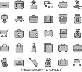 Thin line gray tint vector icon set - briefcase vector, first aid kit, toys over the cot, bag of a paramedic, medical, portfolio, suitcase, case, with handles, glass tea, cart, wallet, purse, money