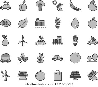 Thin line gray tint vector icon set - saving light bulb vector, drop, cabbage, apple, pear, mint, tangerine, yellow lemon, delicious, peas, broccoli, solar panel, big, leaves, leaf, windmill, trees
