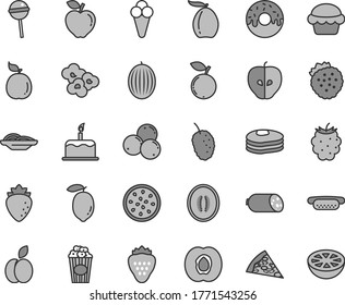 Thin line gray tint vector icon set - cake vector, sausage, piece of pizza, mini hot dog, slices onion, glazed with a hole, Chupa Chups, popcorn, cup, cone, strawberry, strawberries, apple, pancakes