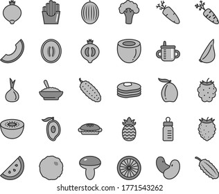 Thin line gray tint vector icon set - mug for feeding vector, bottle, mushroom, pie, a bowl of buckwheat porridge, cabbage, cucumber, garlic, carrot, fried potato slices, orange slice, pancakes