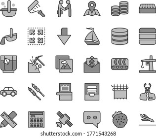 Thin line gray tint vector icon set - downward direction vector, archive, motor vehicle, paint roller, writing accessories, brick, picture, map, size, barbecue, a glass of tea, strawberries, coins