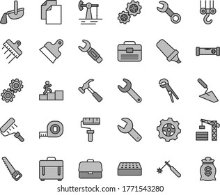 Thin line gray tint vector icon set - paint roller vector, repair key, clean paper, tower crane, winch hook, trowel, adjustable wrench, arm saw, measuring tape, portfolio, construction level, brick