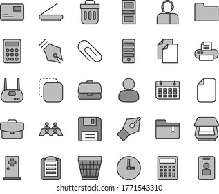 Thin line gray tint vector icon set - clip vector, wicker pot, clean paper, calculator, folder bookmark, interroom door, wall clock, suitcase, pass card, operator, copy, briefcase, man, calendar