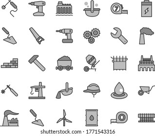 Thin line gray tint vector icon set - repair key vector, brick wall, building trolley, trowel, concrete mixer, cordless drill, hand saw, measuring tape, long meashuring, helmet, hammer, windmill