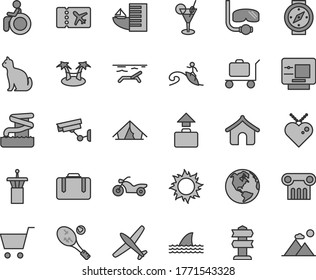 Thin line gray tint vector icon set - earth vector, plane, motorcycle, airport tower, suitcase, ticket, baggage, atm, hotel, boungalow, tent, beach, sun, cocktail, aquapark, diving mask, surfing