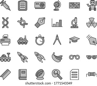 Thin line gray tint vector icon set - bookmark vector, brickwork, bananas, printer, file, microscope, glasses, nuclear, dna, book, globe, oscilloscope, graduate hat, clipboard, drawing compass