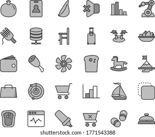 Thin line gray tint vector icon set - negative histogram vector, a chair for feeding, small rocking horse, child shoes, cardiogram, big data server, no sound, cart, crossed, copy, Easter cake, radar