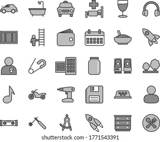 Thin Line Gray Tint Vector Icon Set - Floppy Disk Vector, Chest Of Drawers, Open Pin, Window Frame, Drill, Bath, Building Level, City Block, Car, A Bowl Rice Porridge, Glass, Trees, Retro, Welding